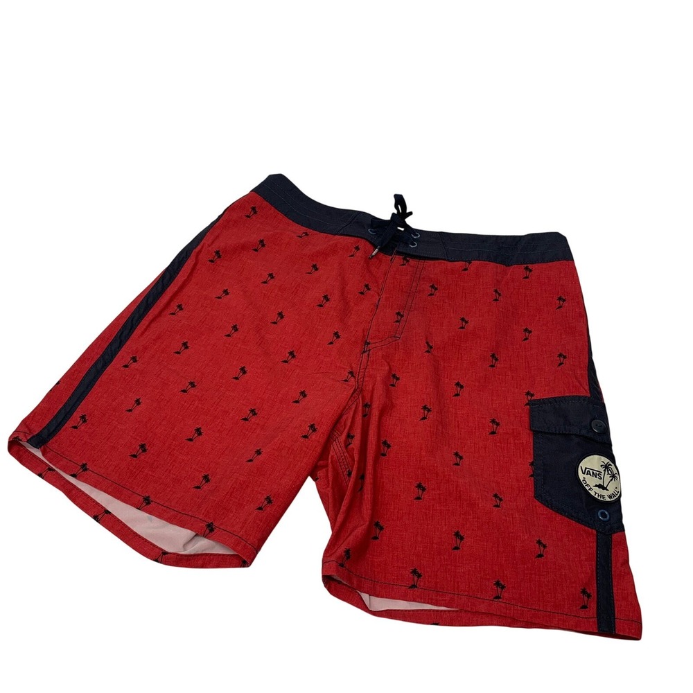 Van Novelty Board Shorts Men 32 Palm Trees‎ Red Stretch Beach Vacation Inseam 7"
